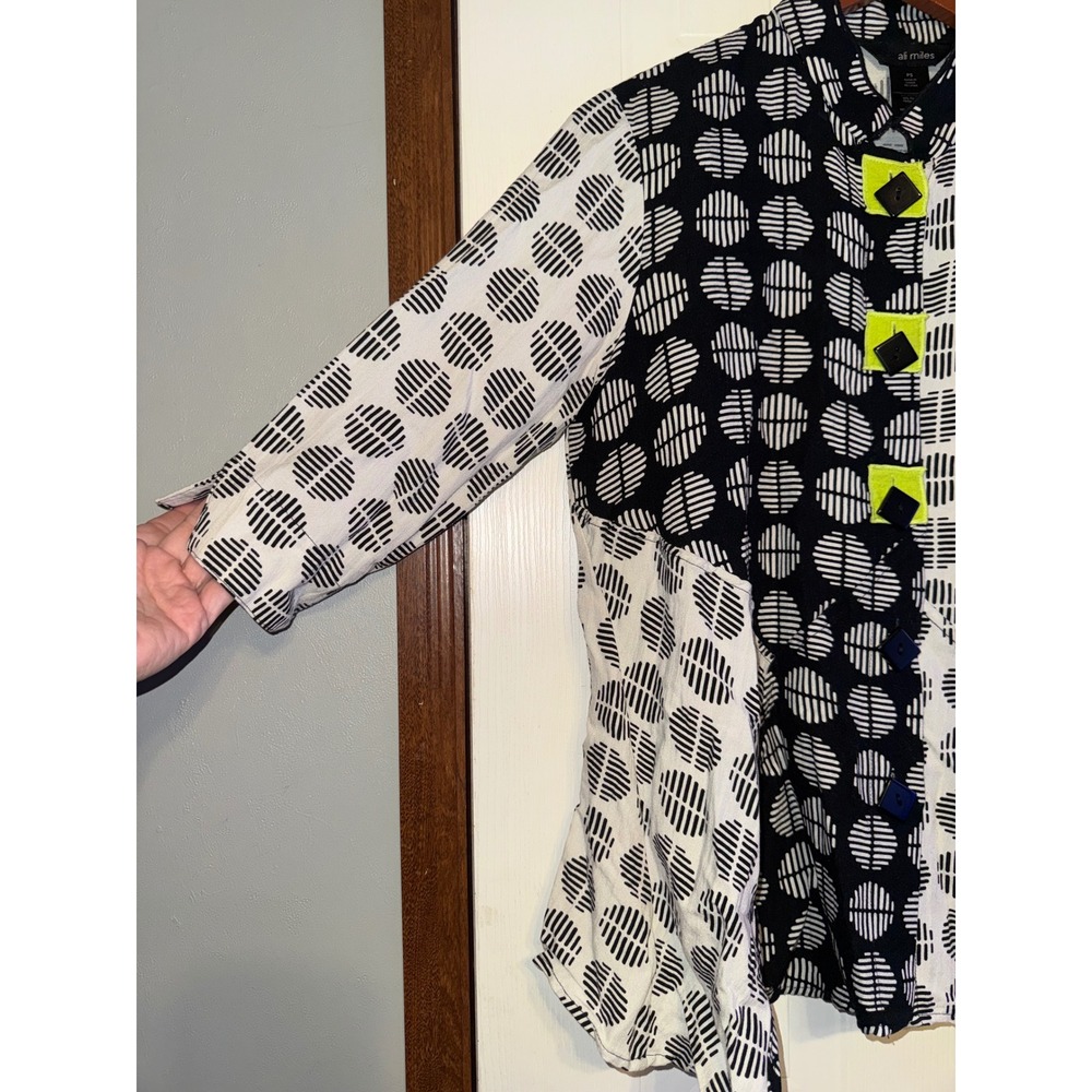 Ali Miles Black White Polka Dot Button Front Blouse Neon‎ Accent PS Art To Wear - Picture 3 of 16